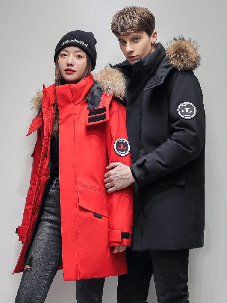 

Big Raccoon Fur Collar Detachable Lovers Winter Red Coats 2022 New Men's Thick （Winter) 90% White Duck Down Keep Warm Jackets