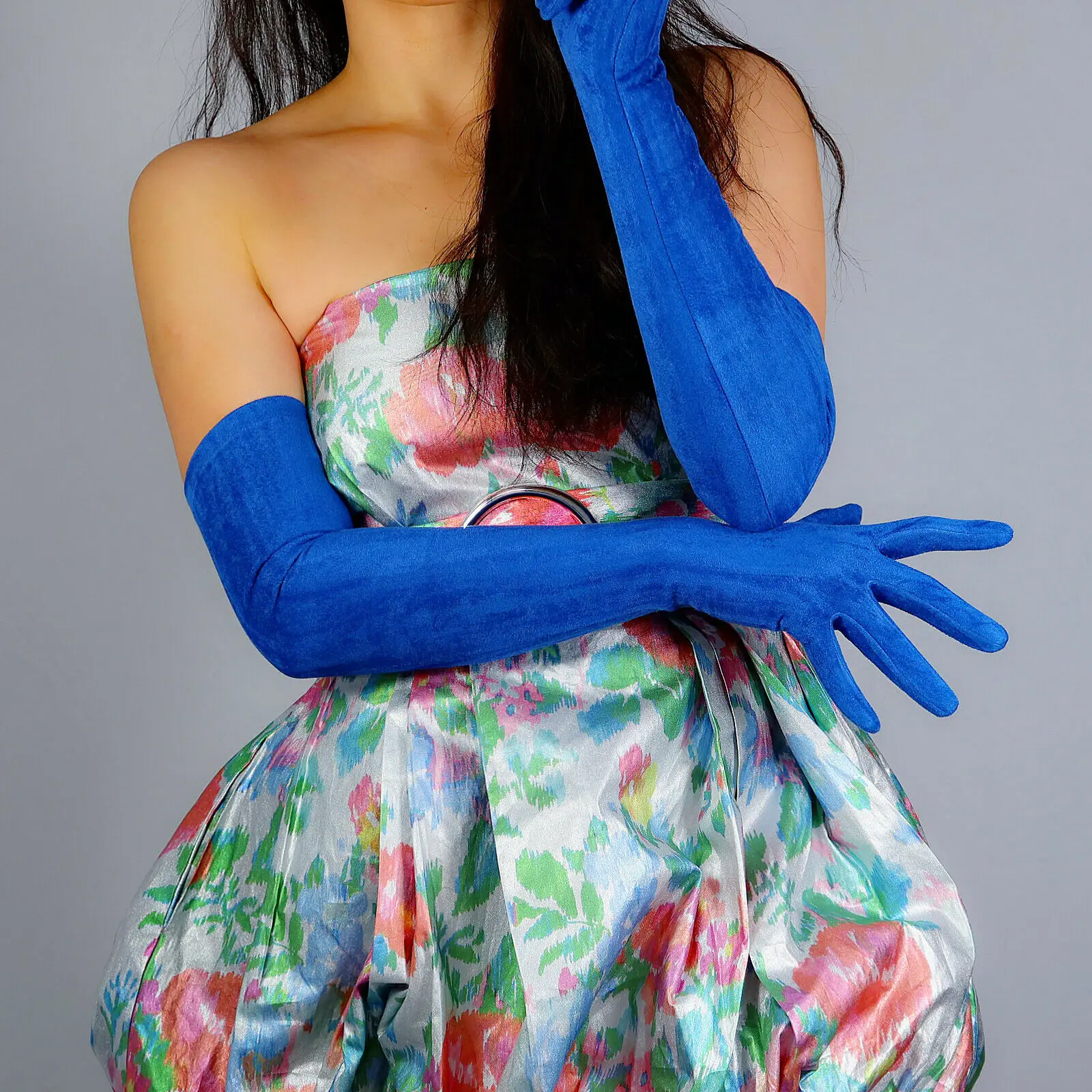 Long Suede Gloves Royal Blue Over Elbow 60cm Faux Leather Stretchy Warm Wedding Evening Party Full Finger Opera Glove