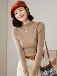 Women's Slim Sweater High Strecth Mock Neck Autumn Winter 100% Merino Wool Basic Bottoming Shirt Cashmere Knitted Pullover Top