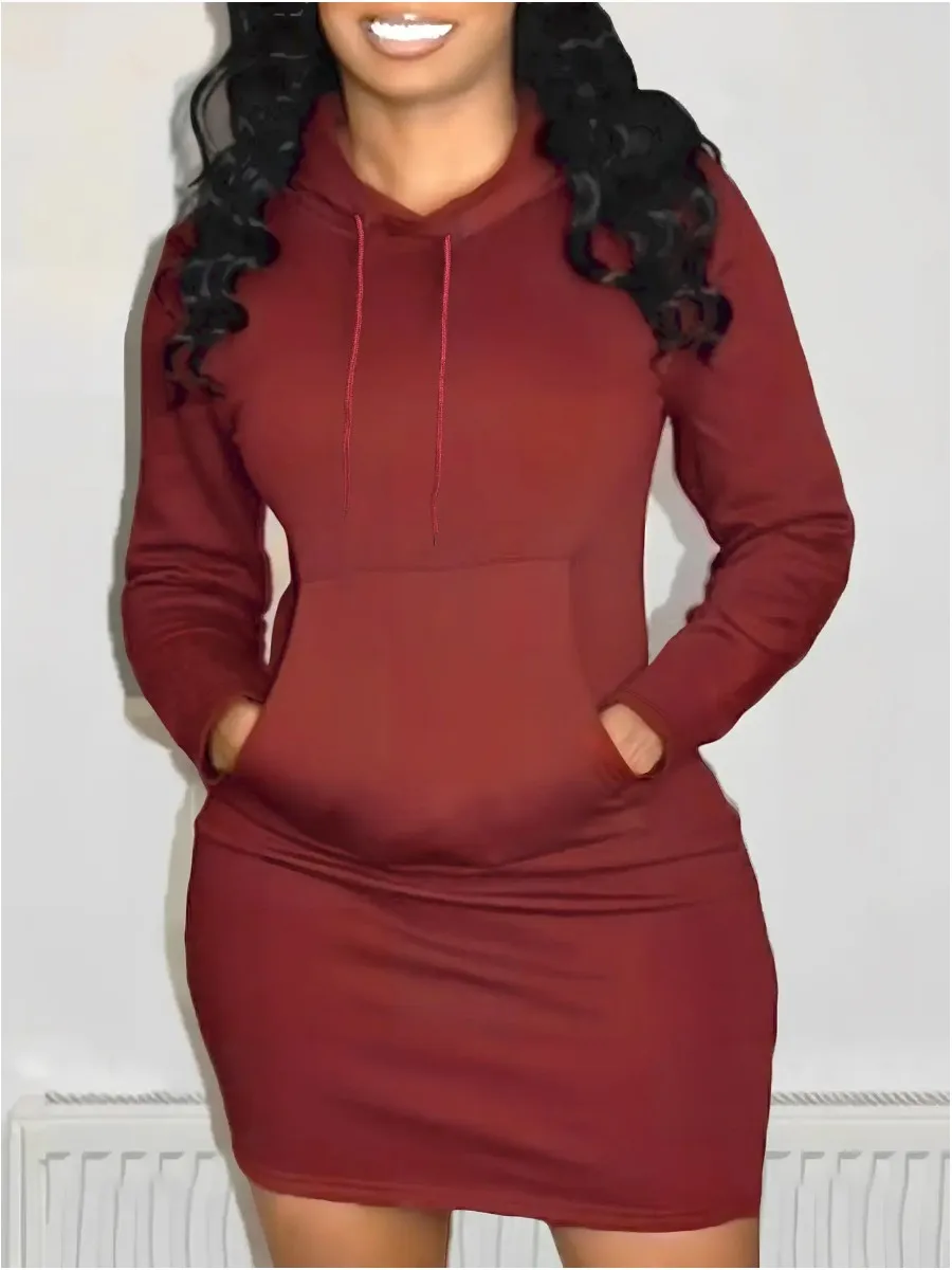 LW grande taille à capuche robe mi-longue femmes printemps tricoté Sweat robe décontracté à manches longues kangourou poche robes femme 2025 nouveau