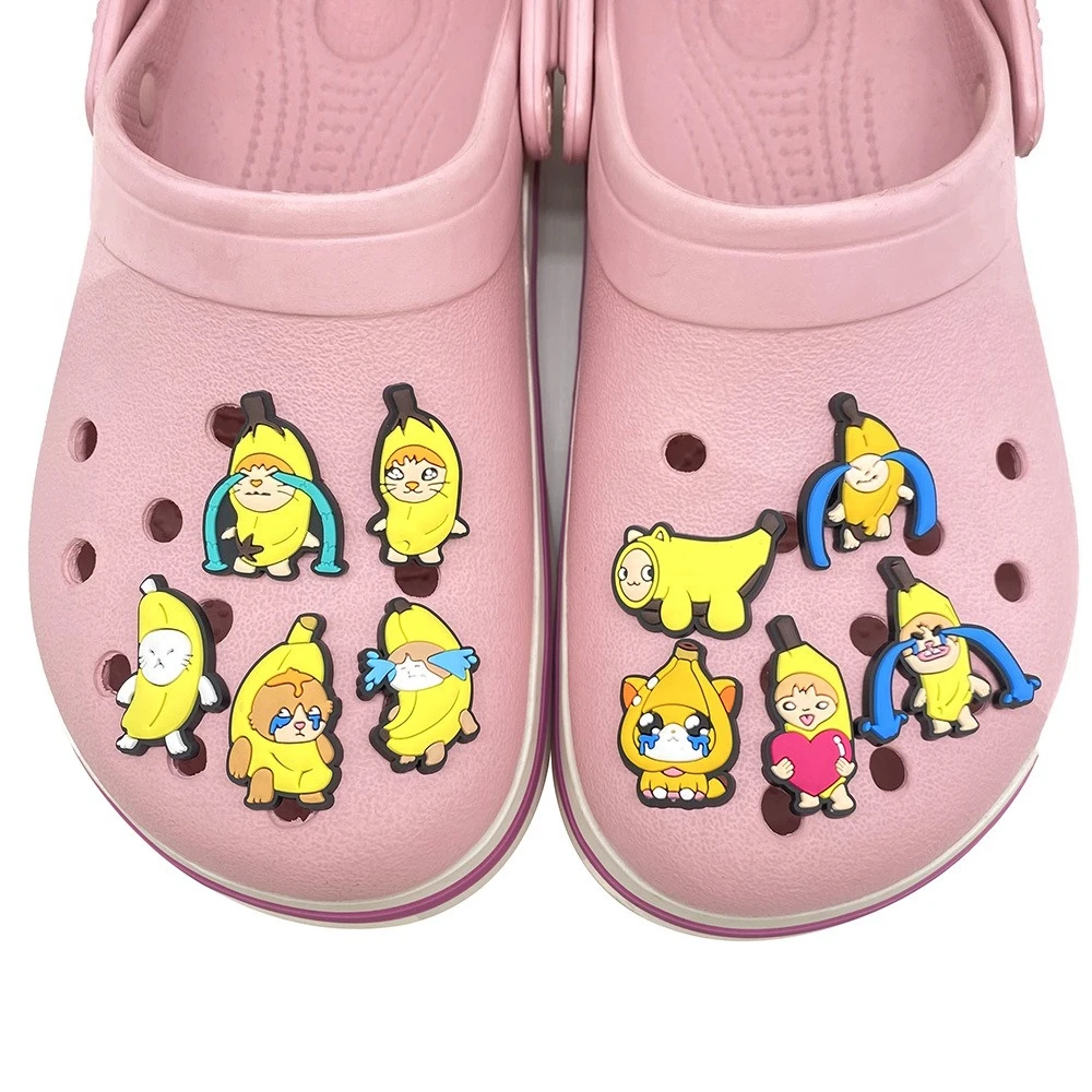 10pcs Cute Banana Cartoon Anime Shoe Charm Designer Shoe Accessories Dreations For Sandals Sneaker Classic Clog Kids X-mas Gifts