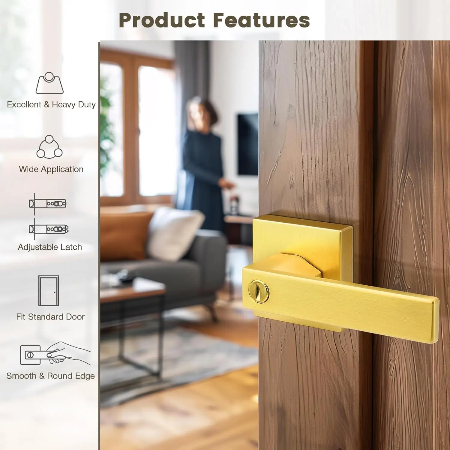 Gobrico Privacy Deurgreep Gouden Deurgrepen Zware Deurhendel Omkeerbare Vierkante Deurslot Handleset Voor Badkamer Keyless