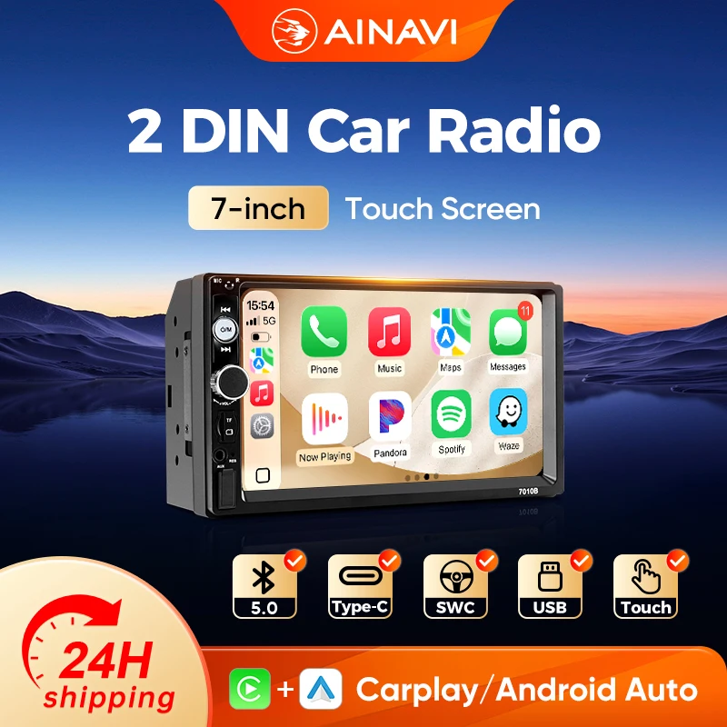 Radio de Auto Universal AINAVI con Carplay Inalámbrico, 2 Din, BT 5.0, Android Auto Inalámbrico, Pantalla Táctil HD IPS de 1280*720, USB, Reproductor Multimedia MP5 2DIN