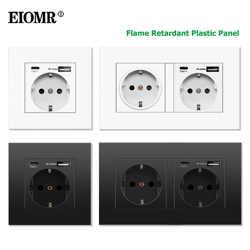 EIOMR EU Standard Power Socket, Single and Double 220V 16A White Black PC Panel EU Socket, Wall Usb Type-C Plugs Outlet for Home