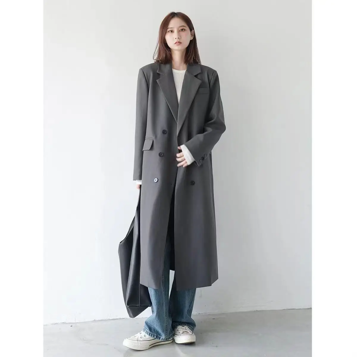 Casual Double Breasted Long Blazer Trench Coat Korean Fashion Turn-down Collar Windbreaker Jacket Vintage Office Lady Outwear