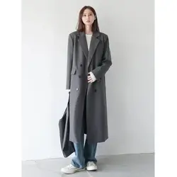 Gabardina larga informal con doble botonadura para mujer, chaqueta cortavientos con cuello vuelto, moda coreana, Prendas de Vestir Vintage para oficina