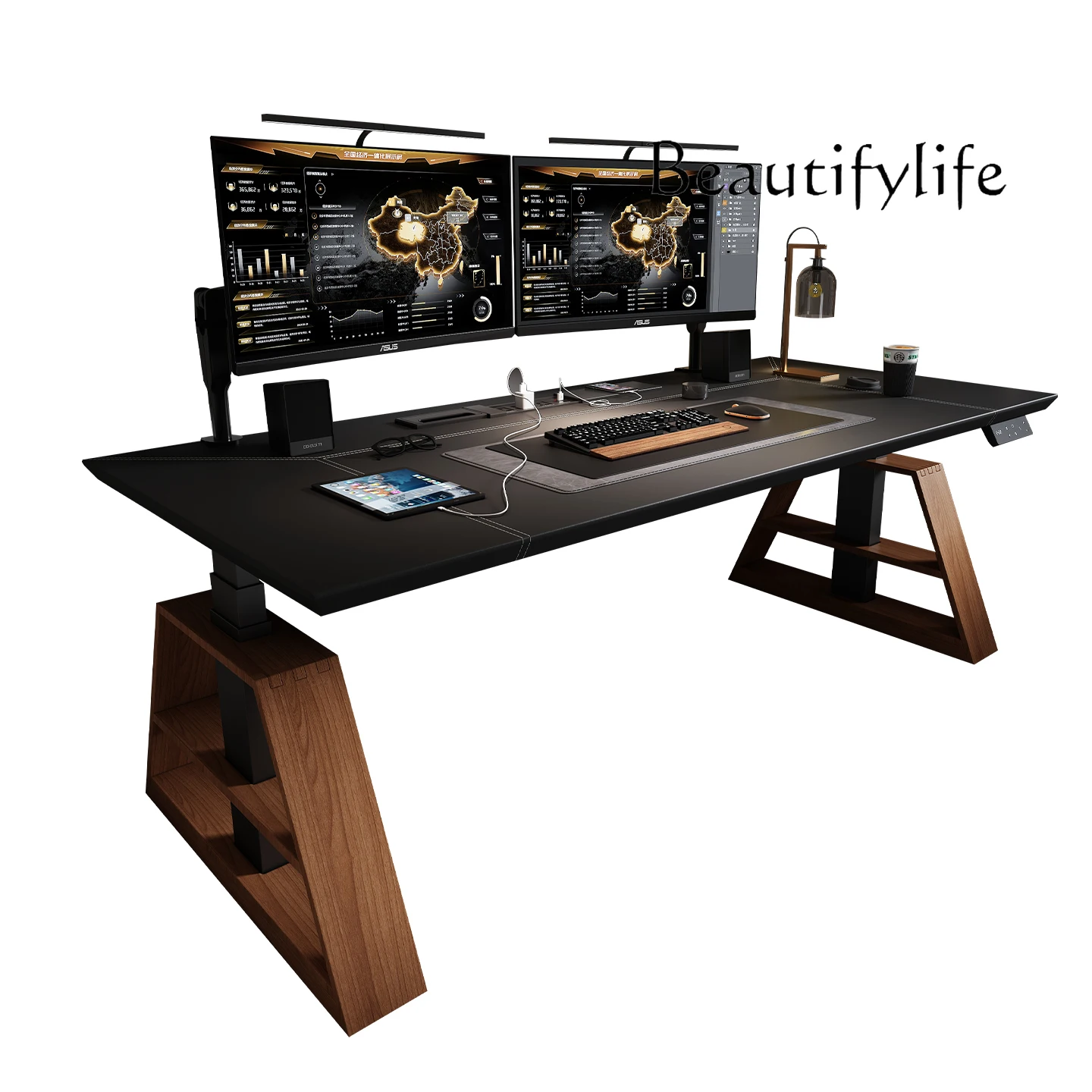 

Electric lifting table leg workbench Home computer table Lifting saddle leather rock slab Extended e-sports office desk