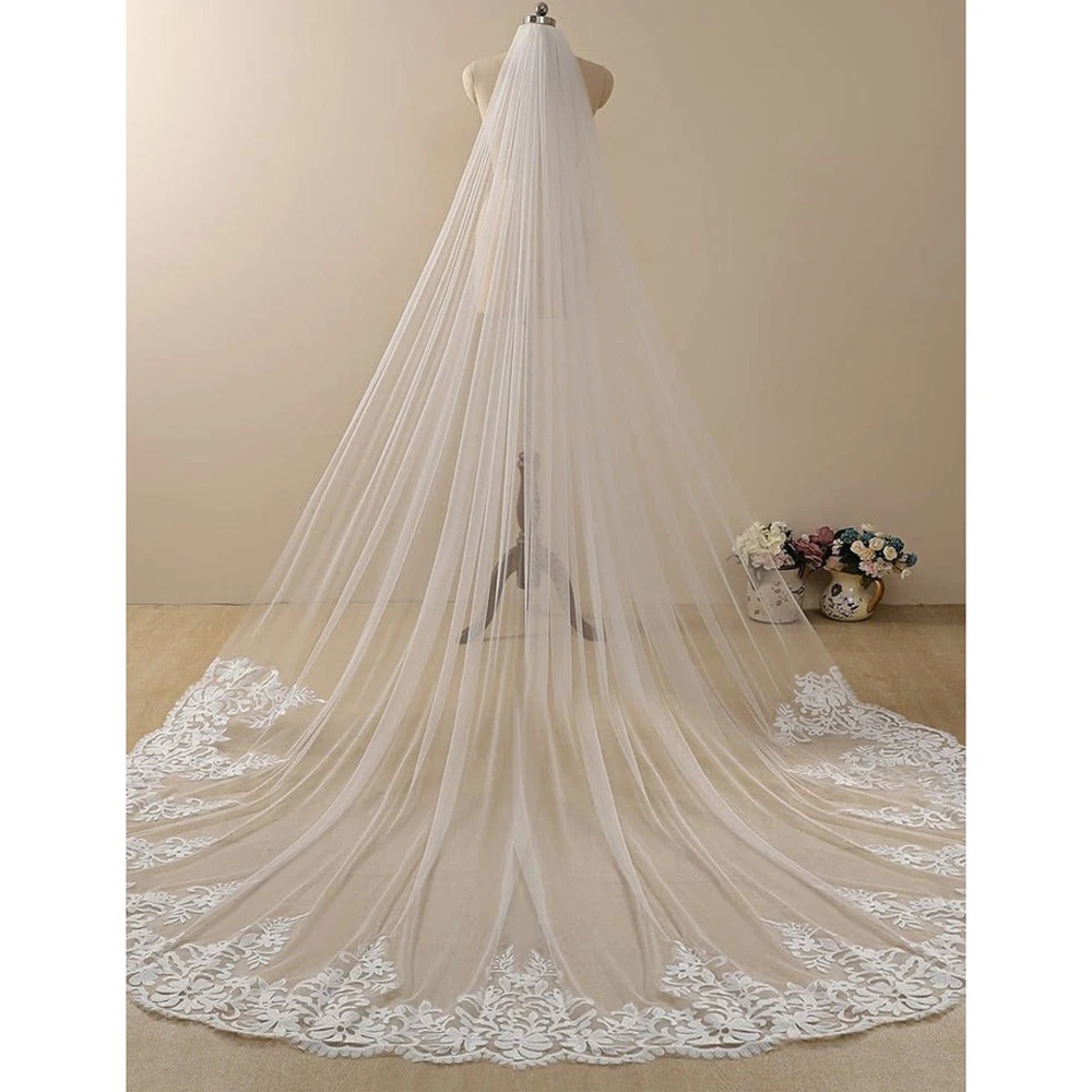

One-layer 3 Meters White Ivory Cathedral Long Wedding Veils Appliques Lace Edge Bridal Veil with Comb for Marriage Bride Tulle