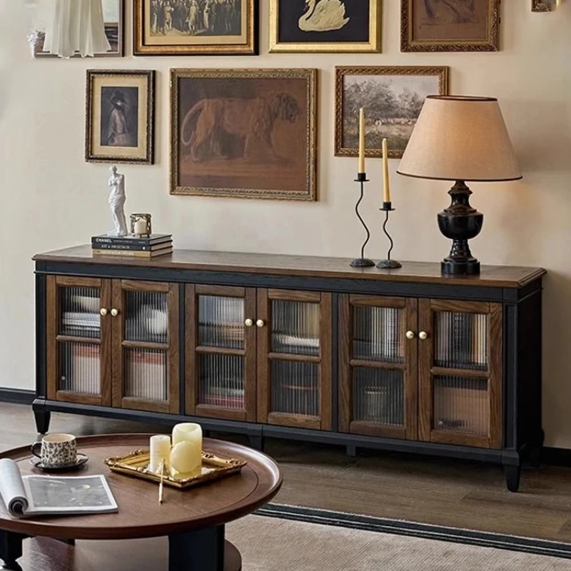 

retro solid wood TV cabinet, locker integrated black high-end living room TV cabinet
