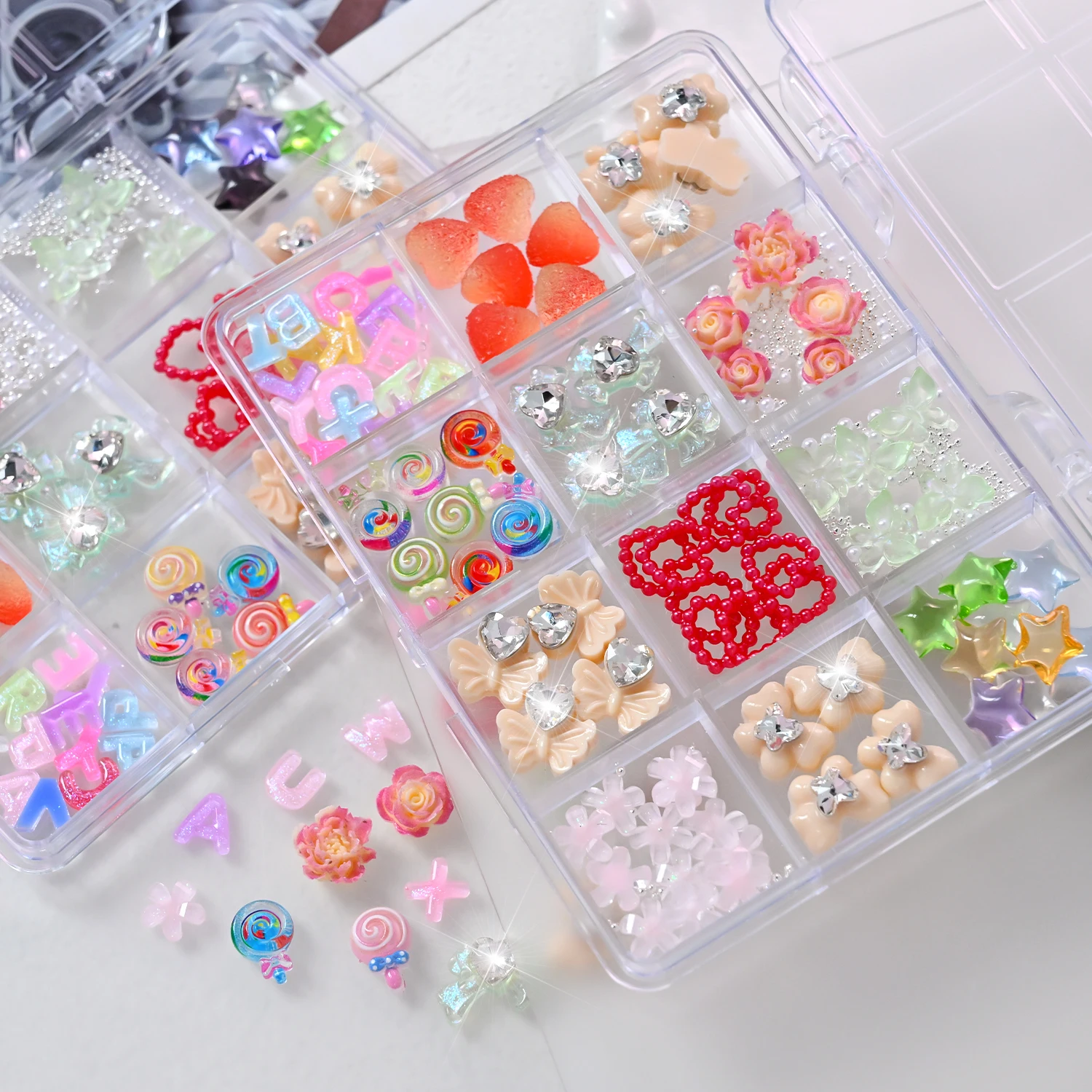 12Grids Mixed Resin Nail Charms Colorful 3D Lollipop Flower Star Heart Letter Nail Ornament Kawaii Dopamine Flat‑Back Nail Decor