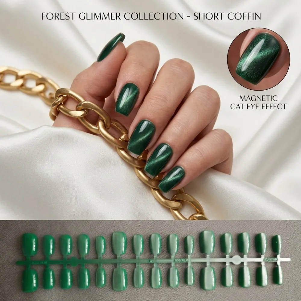 24PCS Forest Glimmer Collection Press on Nails Shimmering Dark Green Cat Eye Short Coffin Fake Nails Girl Manicure Kit