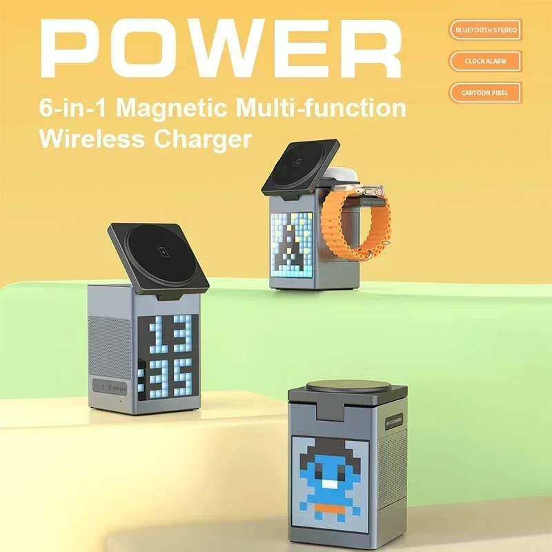 6 in 1 Magnetic Wireless Charger Multifunction with Bluetooth Speaker Alarm Clock for Iphone 16 15 Pro Max for Airpods 2 Iwatch