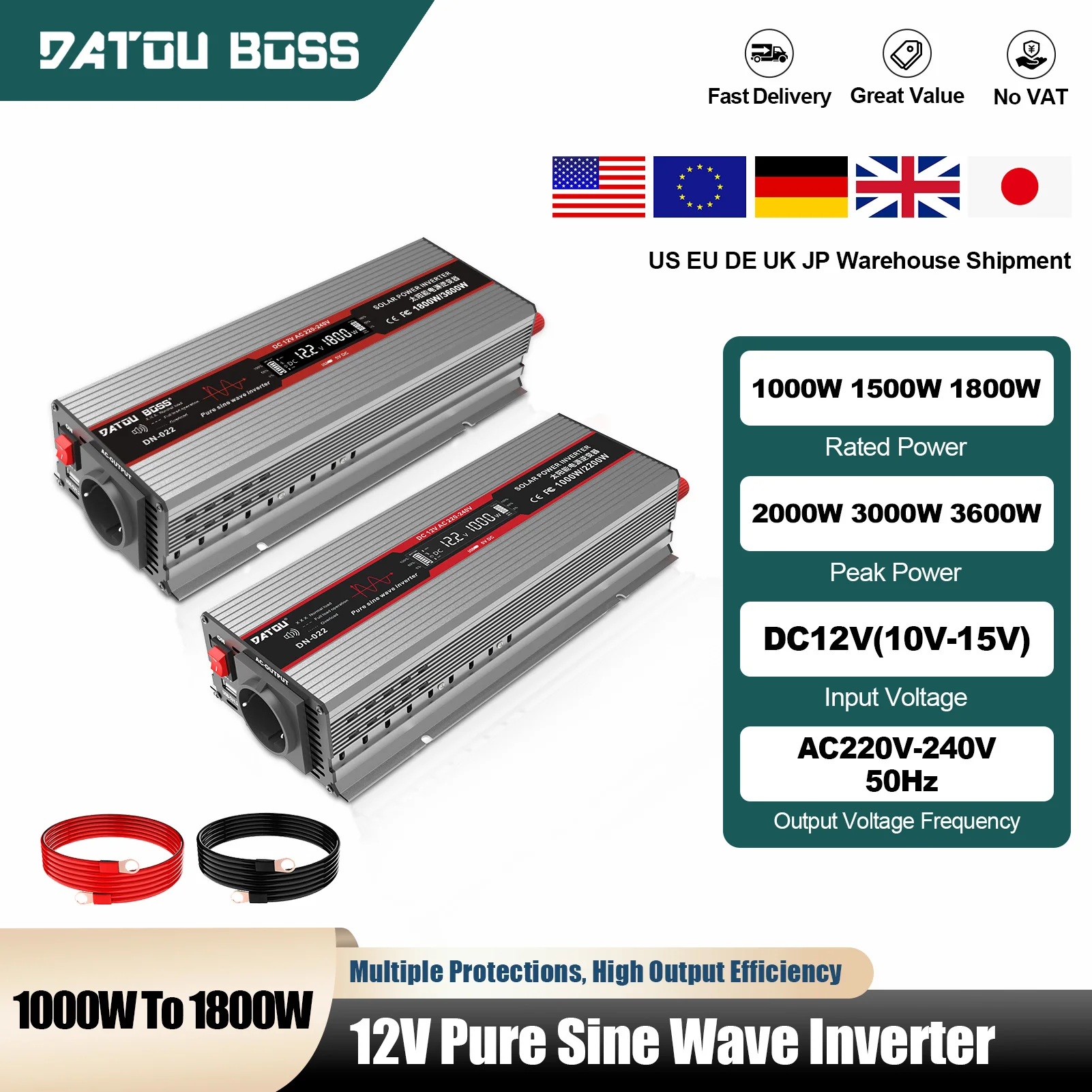 DATOUBOSS DNG Reiner Sinus-Auto-Wechselrichter 1000 W 1500 W 1800 W Tragbarer DC12V zu AC220V-240V 50 Hz für netzunabhängiges Solarenergiesystem