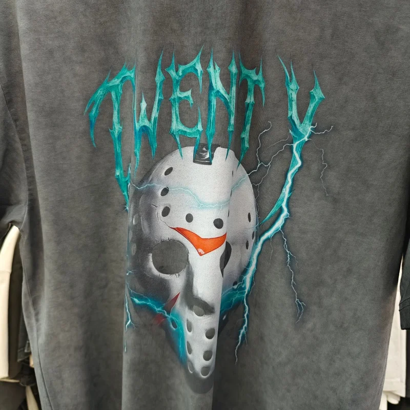 Y2K Streetwear Horror T-Shirt - Oversized Gray Washed Distressed Tee with Creepy Mask Graphic view 4