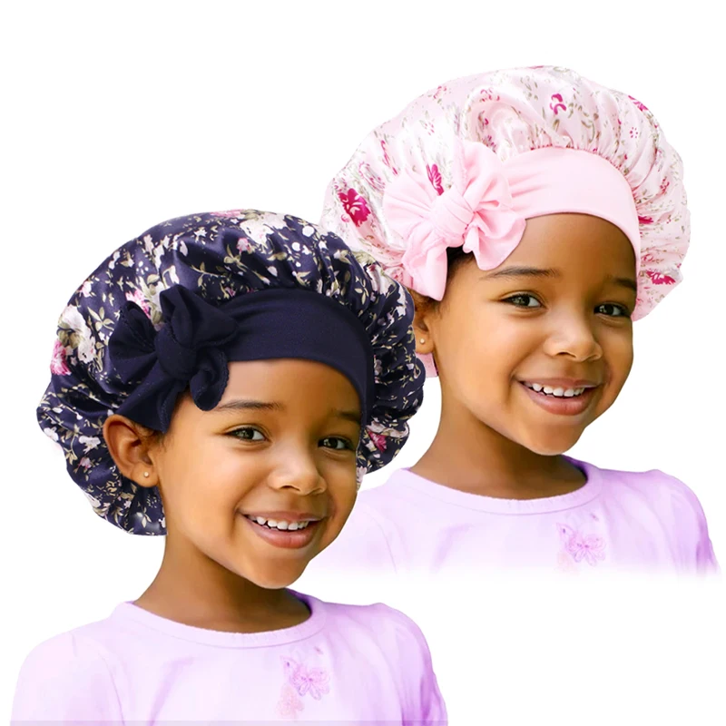 2PCS/LOT Kids Fashion Wide Brim Bonnet Cap Elastic Satin Printed Patterns Tie Bands Sleep Cap Shower Cap Hair Accessorise