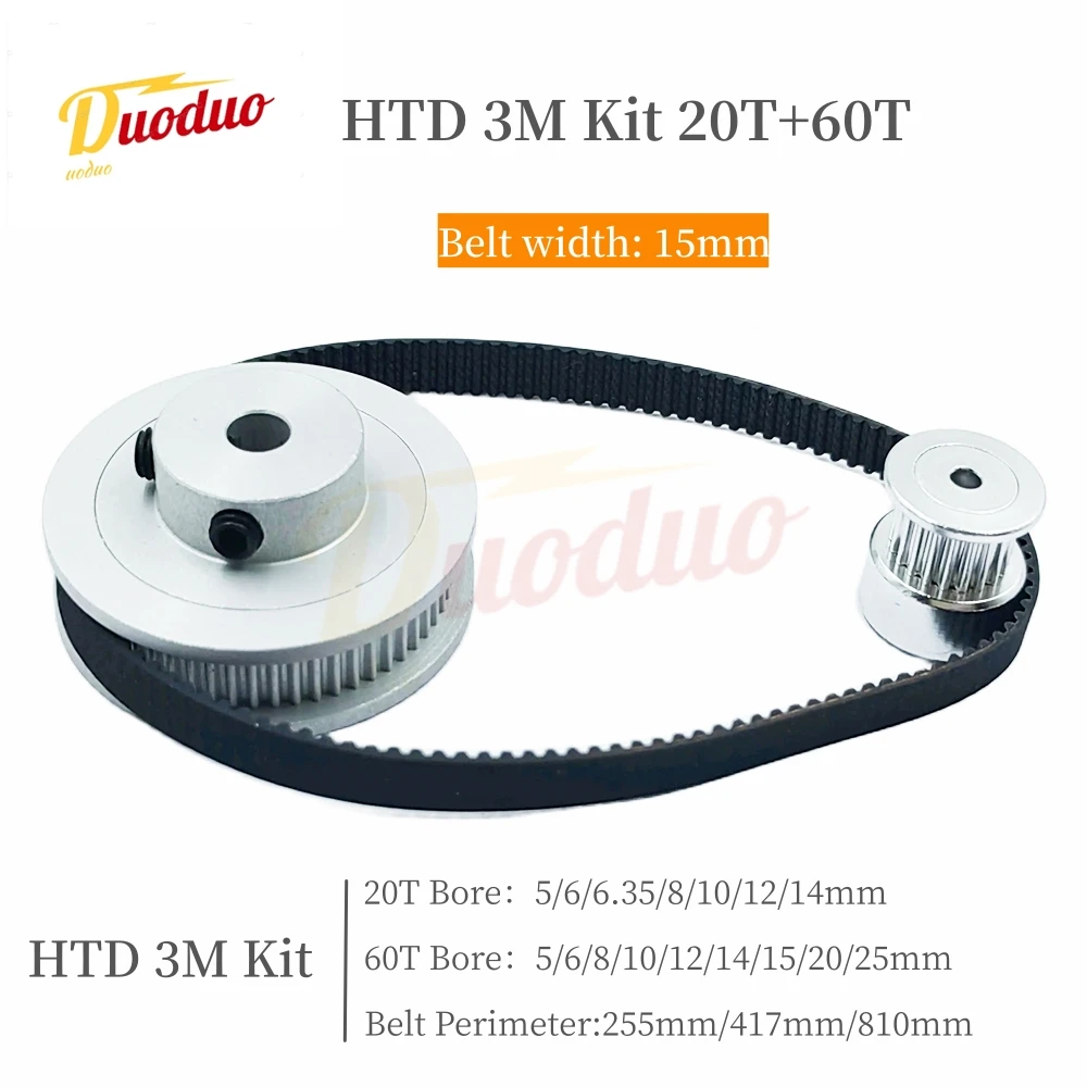 

60T 20T HTD 3M Pulley Set For 3:1 20Teeth 60Teeth Belt Width 15mm Belt Pulleys 3M Synchronous Wheels Kit HTD3M Timing Pulley Set