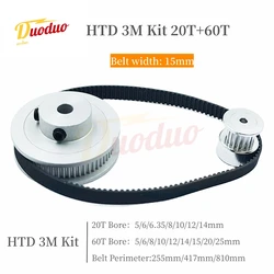 60T 20T HTD 3M Pulley Set For 3:1 20Teeth 60Teeth Belt Width 15mm Belt Pulleys 3M Synchronous Wheels Kit HTD3M Timing Pulley Set