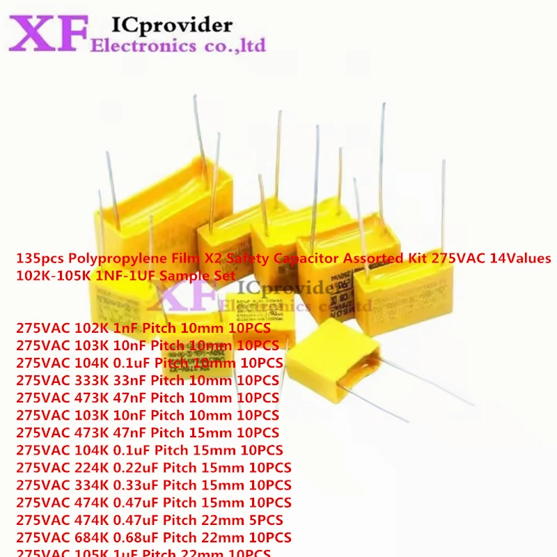 

135pcs Polypropylene Film X2 Safety Capacitor Assorted Kit 275VAC 14Values 102K-105K 1NF-1UF Sample Set
