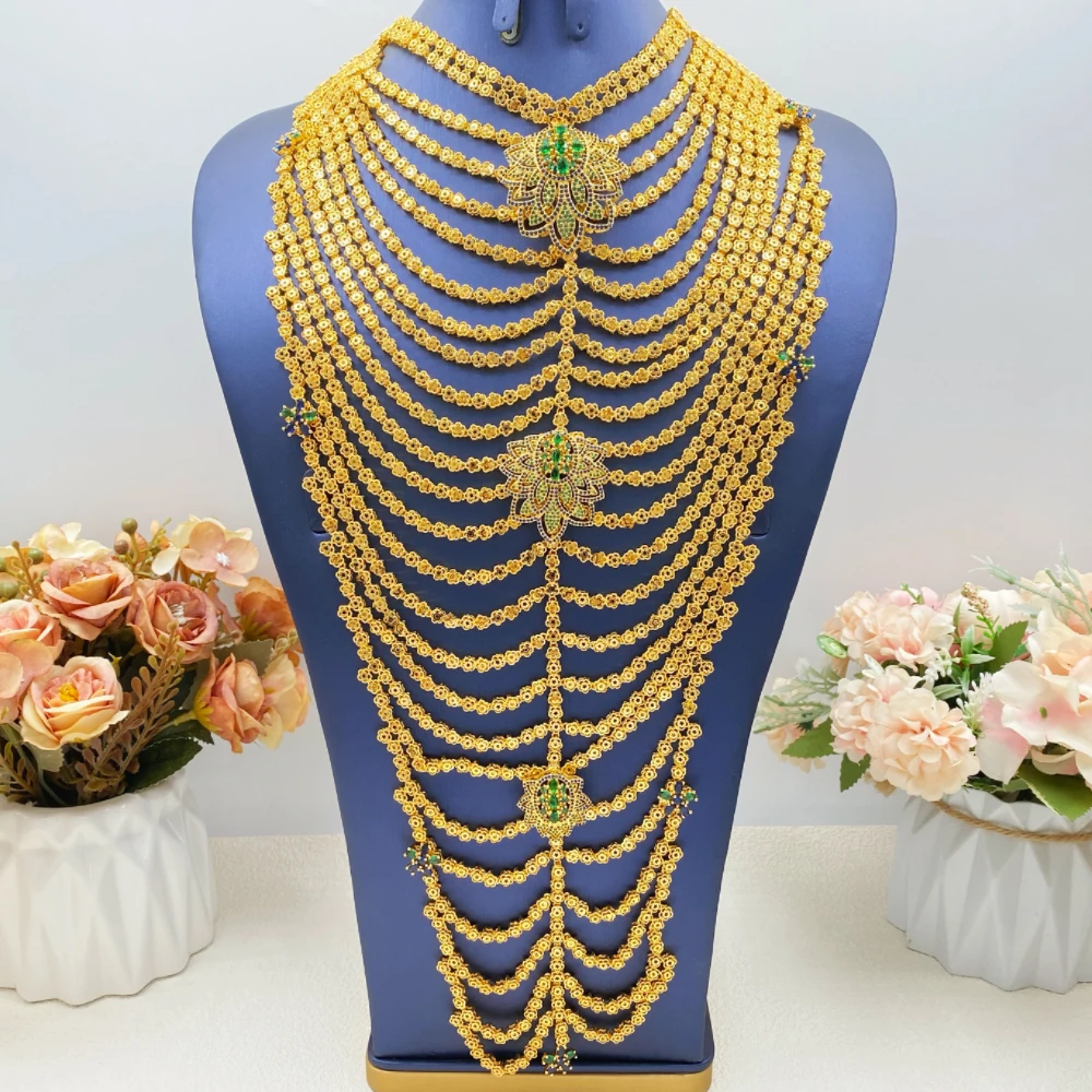 

JRH Celebration Event Queen Shiny Jewelry Set Gold Plated Copper Micro-set Zirconia Earrings Long Necklace Bracelet Ring Set