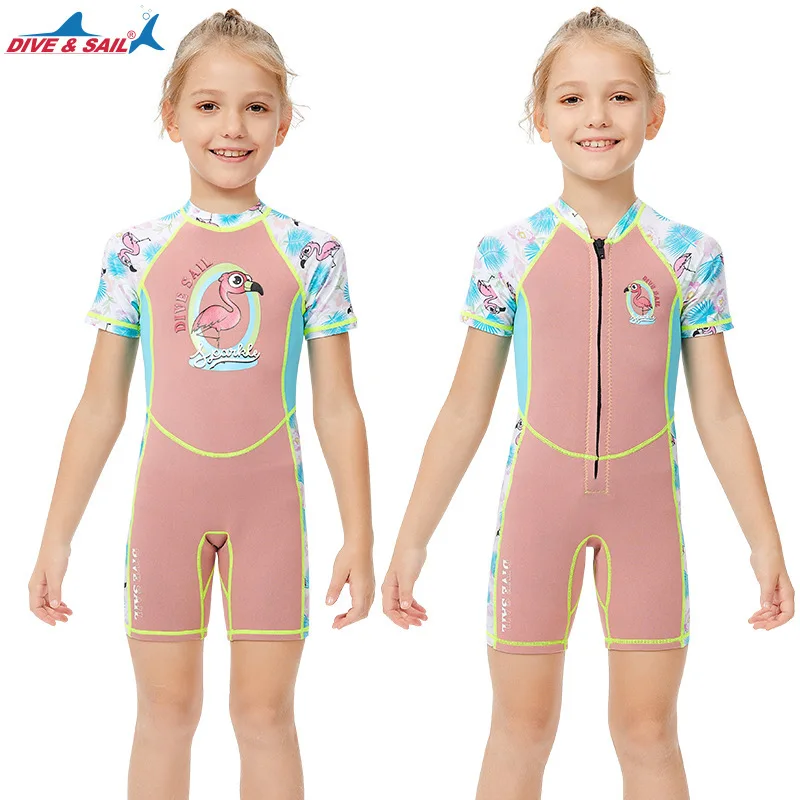 

children's diving suit 2mm warm girls' swimsuit one-piece short sleeve snorkeling surfing sunscreen jellyfish suit