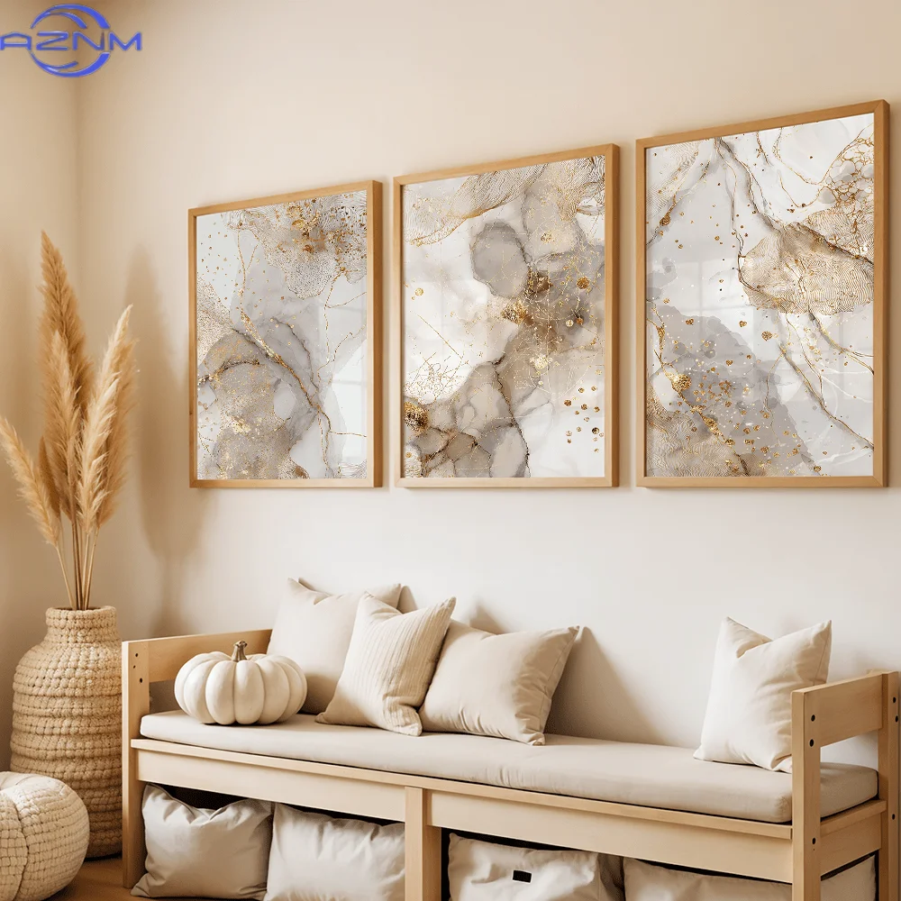 Frameless,  3pcs Collection, Wall Decor, Retro Poster, Sophisticated Abstract Floral Artwork, Textured Neutral Shades, Beige An
