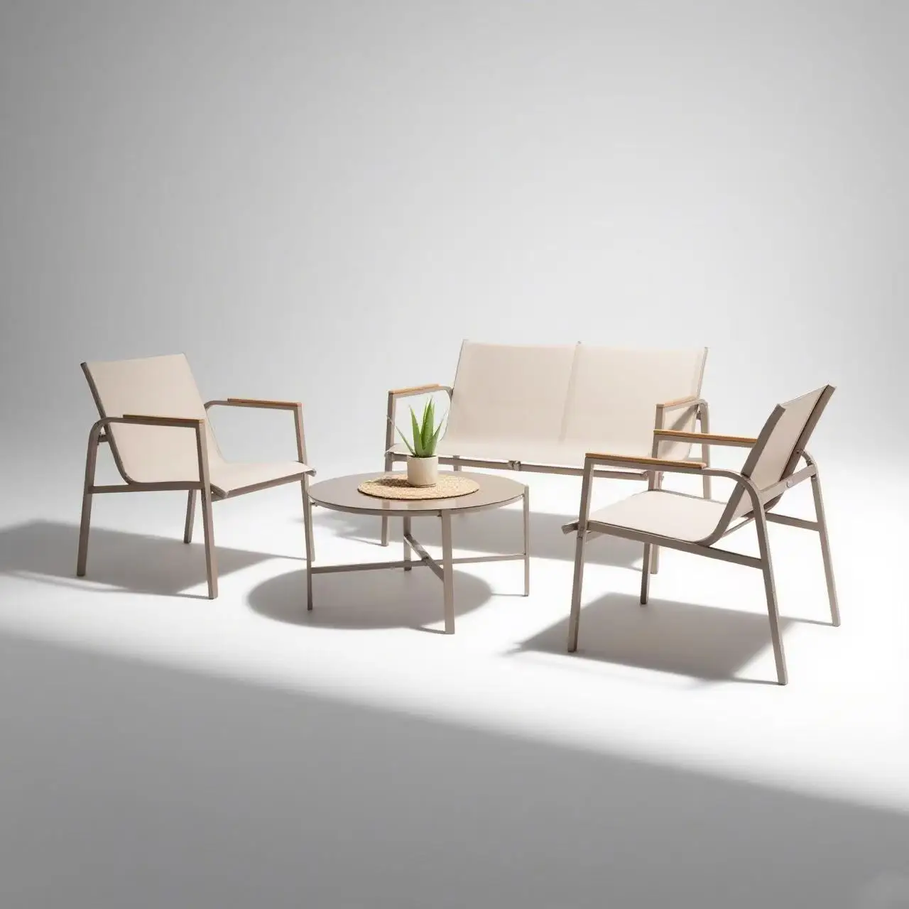 ！@Dwoo Modern All Weather Metal Frame 4 Piece Backyard Bistro Set Waterproof Balcony Plastic Wood Armrest Coffee Table Set