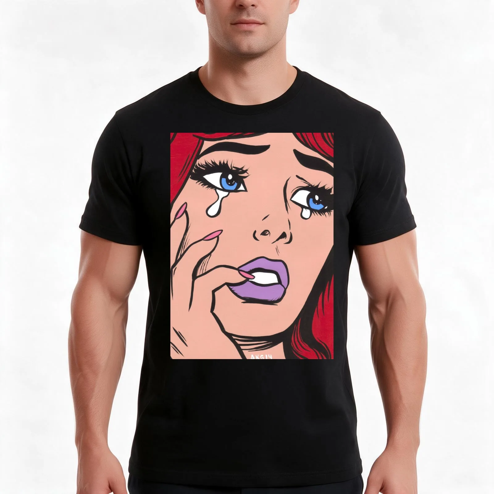 Red Crying Comic Girl T-Shirt, Summer Casual Cotton Tee, Oversized Streetwear Tops, Vintage Graphic Print, Unisex Men Women