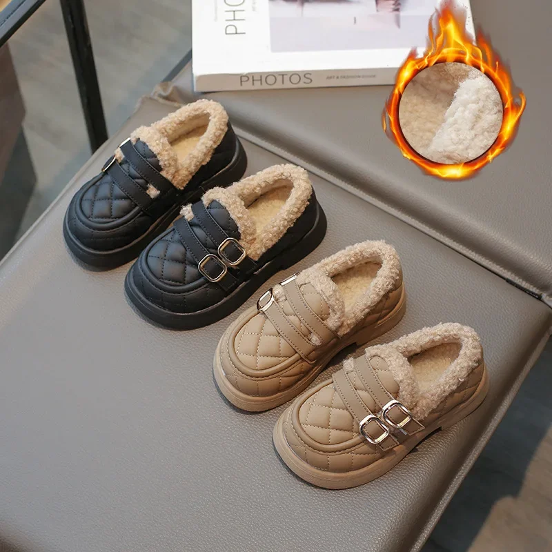 Kinder Fluwelen Katoenen Schoenen 2024 Winter Nieuwe Baby Girl Lederen Warme Anti-Slip Katoenen Schoenen Verdikte Meisjes Leren Schoenen