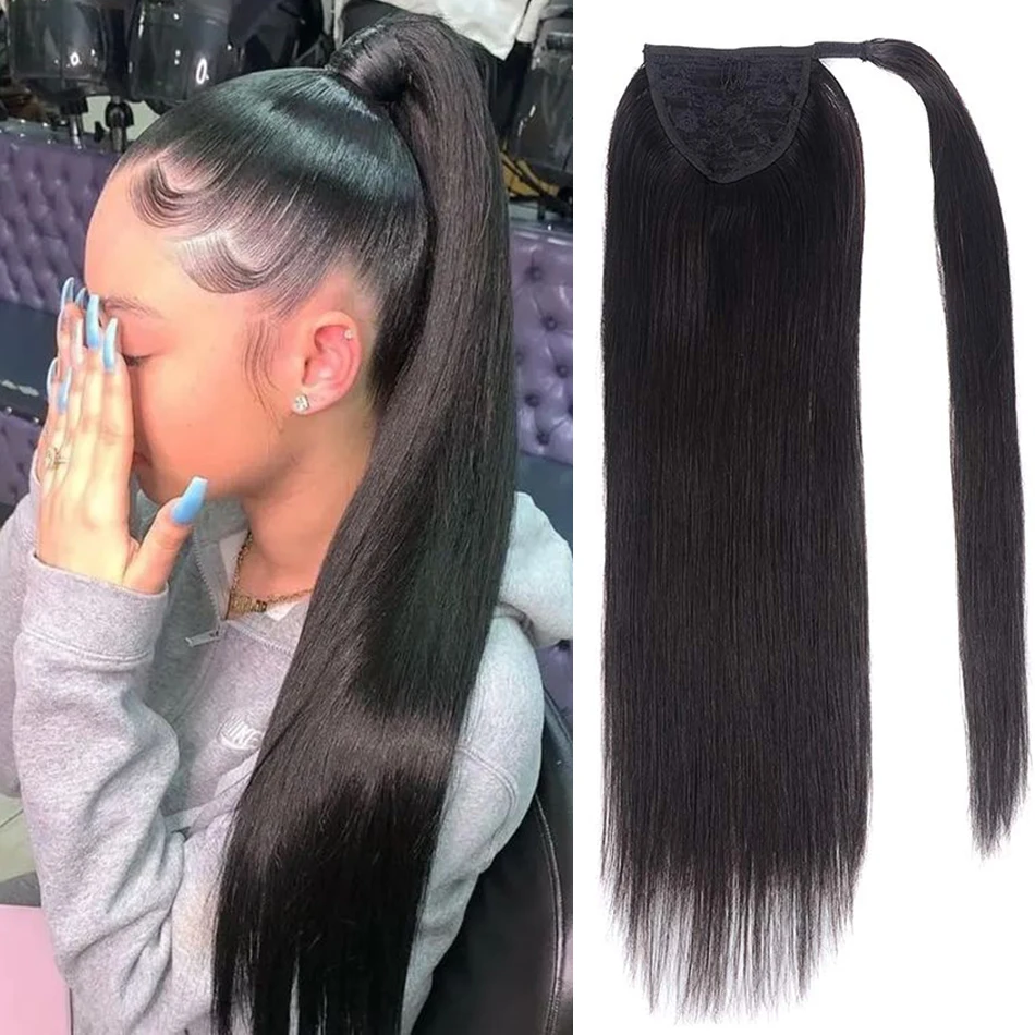 Straight Ponytail Human Hair Wrap Around Straight Ponytail Extensions Remy Hair Ponytails Clip in Hair Extensions Natural Color