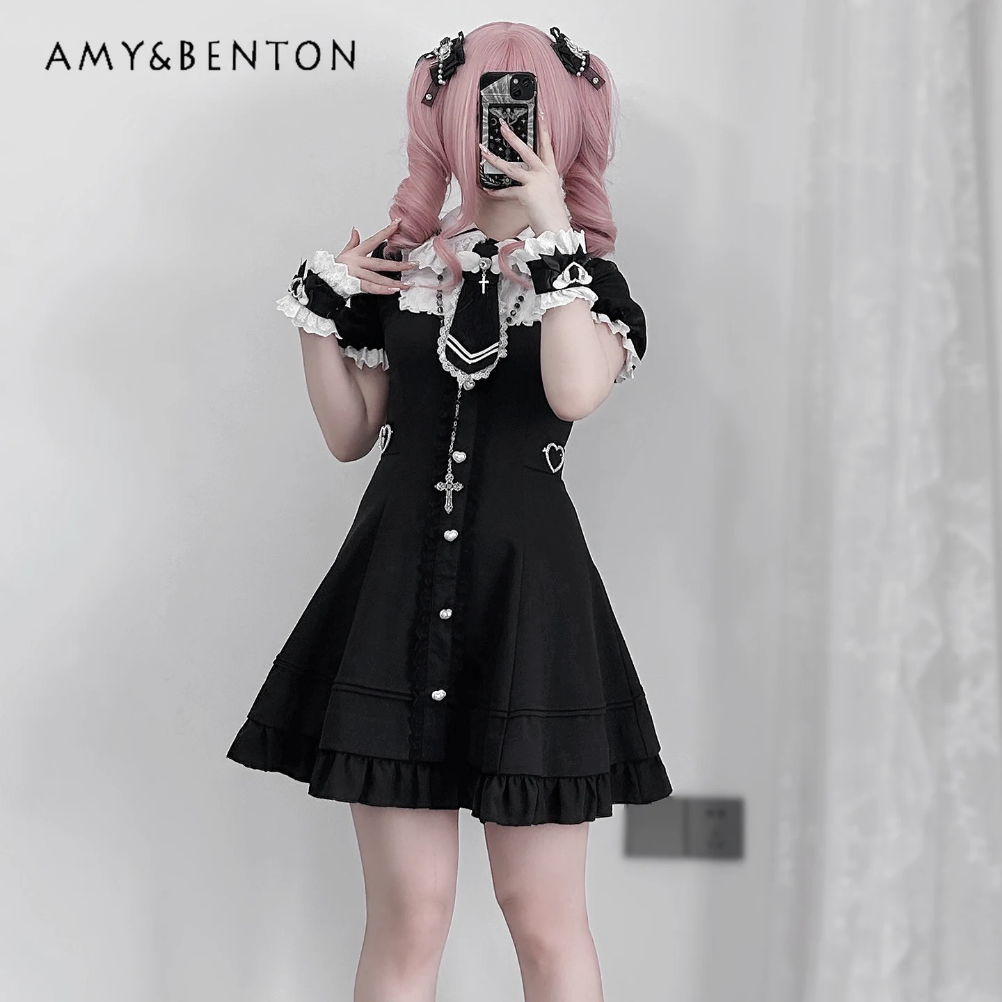 Japanese Mass-Produced Lace Patchwork Doll Collar Short Sleeve High Waist Slim Ruffle Dress Elegant Princess Lolita Dresses