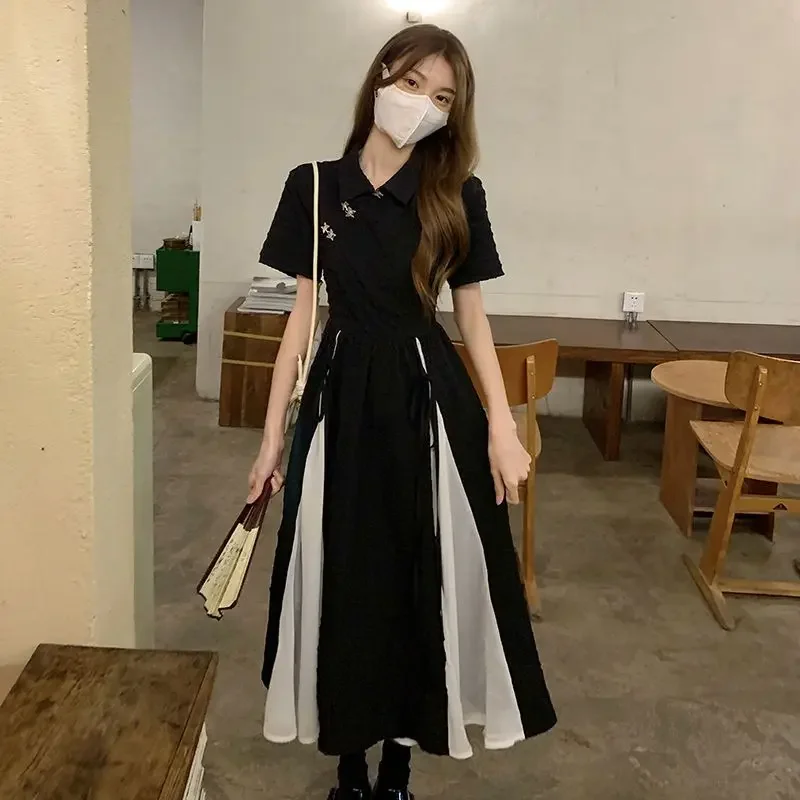 2025 2023 New Chinese Style Dress Balck Qipao Elegant White Black Patchwork Cheongsams Youth Girl Vestidos Long Dresses abc