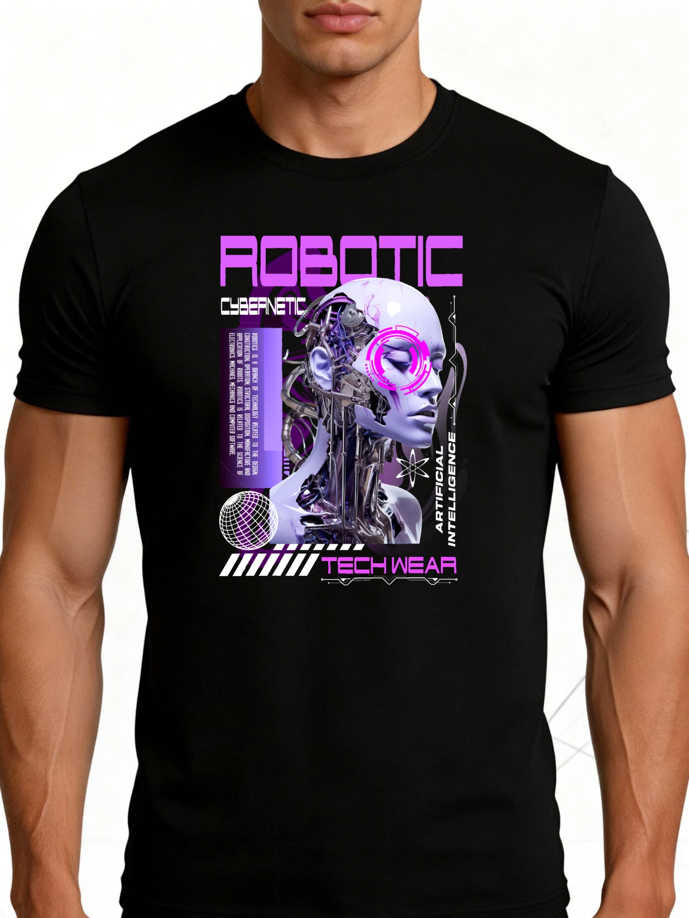Cyberpunk Futurism Men's T-Shirt Robot Electronic Mechanical Artificial Intelligence Technology Apparel Graphic Design Summer Casual Wear Gift for Tech Enthusiasts and Science Fiction Fans