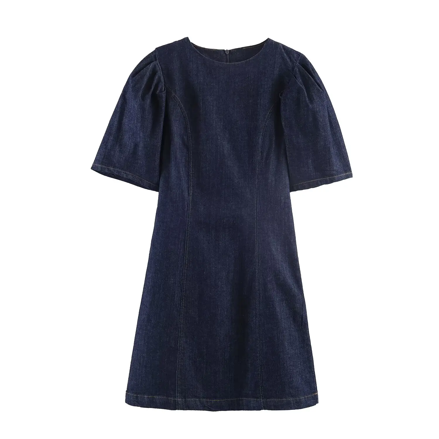 Fashionable  Denim Dress Women's New Style Bubble Sleeve Elegant Dress Casual round Neck Short Sleeve Polyester Fiber