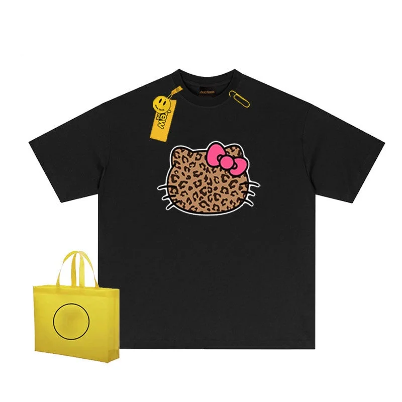 Fashion Brand Leopard Print Kawaii Hello Kitty Pure Cotton Short Sleeved T-Shirt for Loose Round Neck Couple Top On The Street