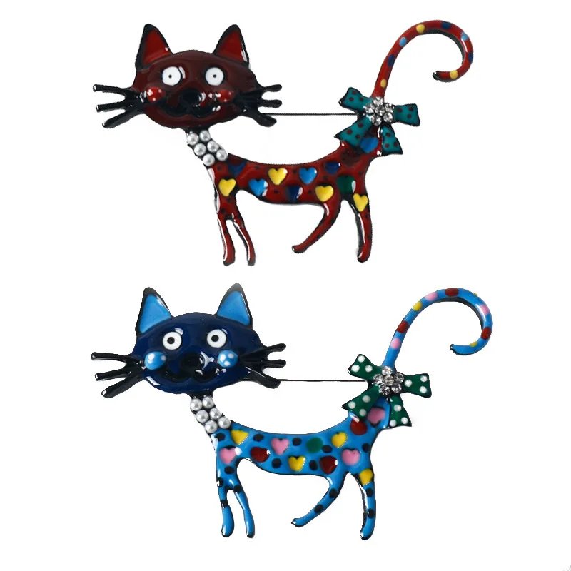 Cartoon Alloy Drop Oil Cat Brooch Fashion Colorful Pearl Kitten Ladies Outerwear Decorative Flower Pin