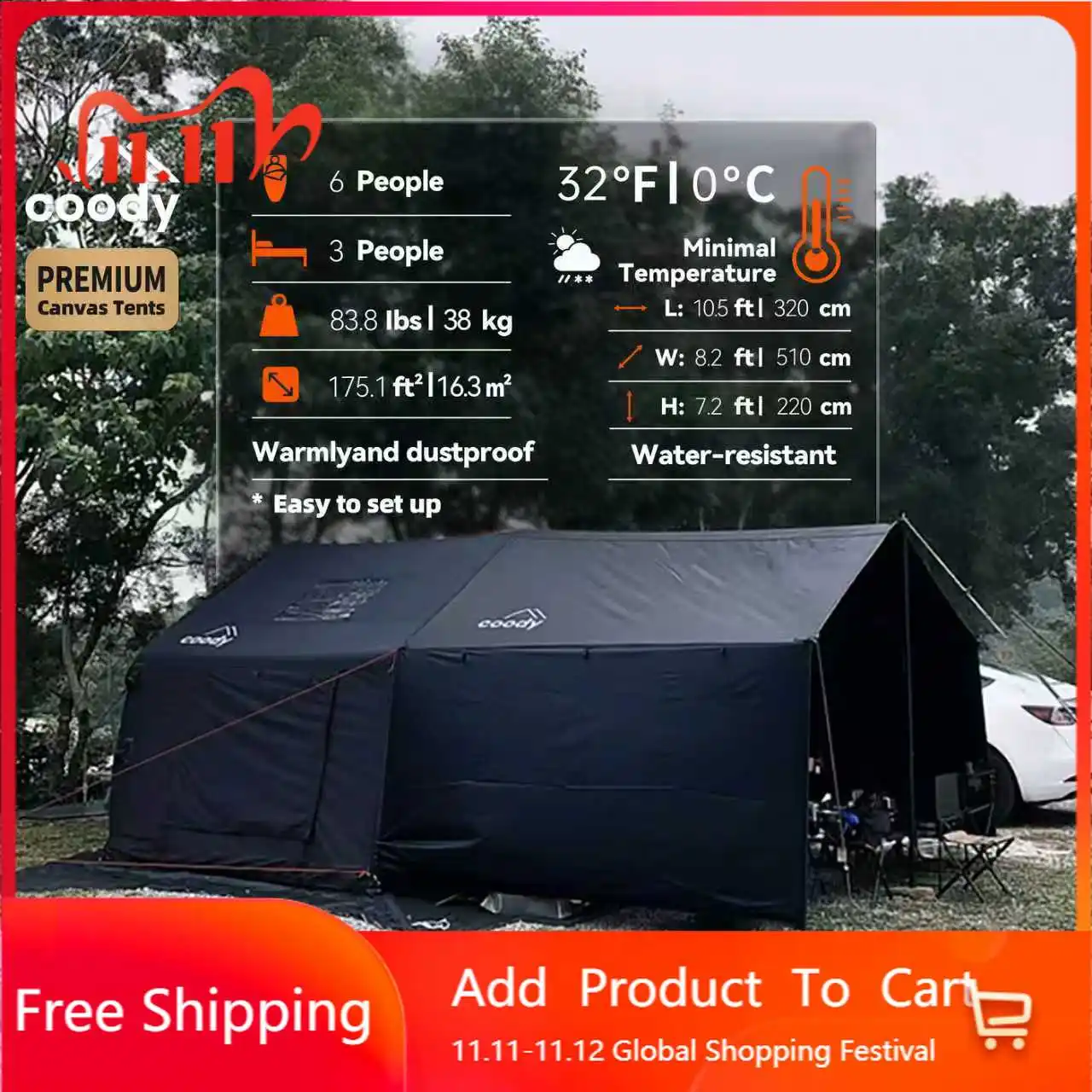 Coody 8.0+ Black Inflatable Tent With Framed Foyer Outdoor Camping Shelter