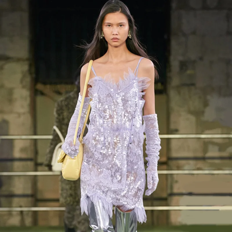 

Spaghetti Straps Lace Mini Dress Sequins White Woman Clothes Ruffled Cocktail Dress See Through Gown For Free Shipping Customize