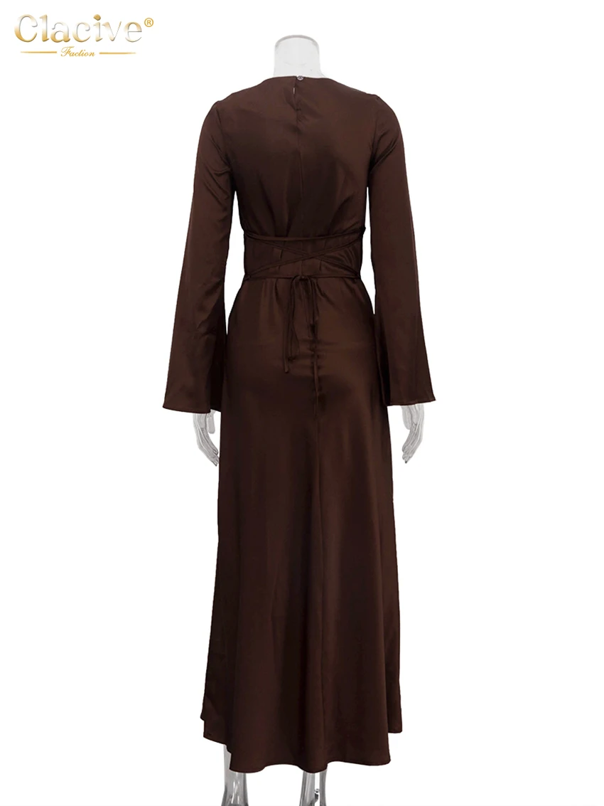 Clacive Fashion Slim Brown Satin Sukienka damska Bodycon V-Neck Sukienki z długim rękawem do kostek Elegancka sukienka damska Clssic Solid