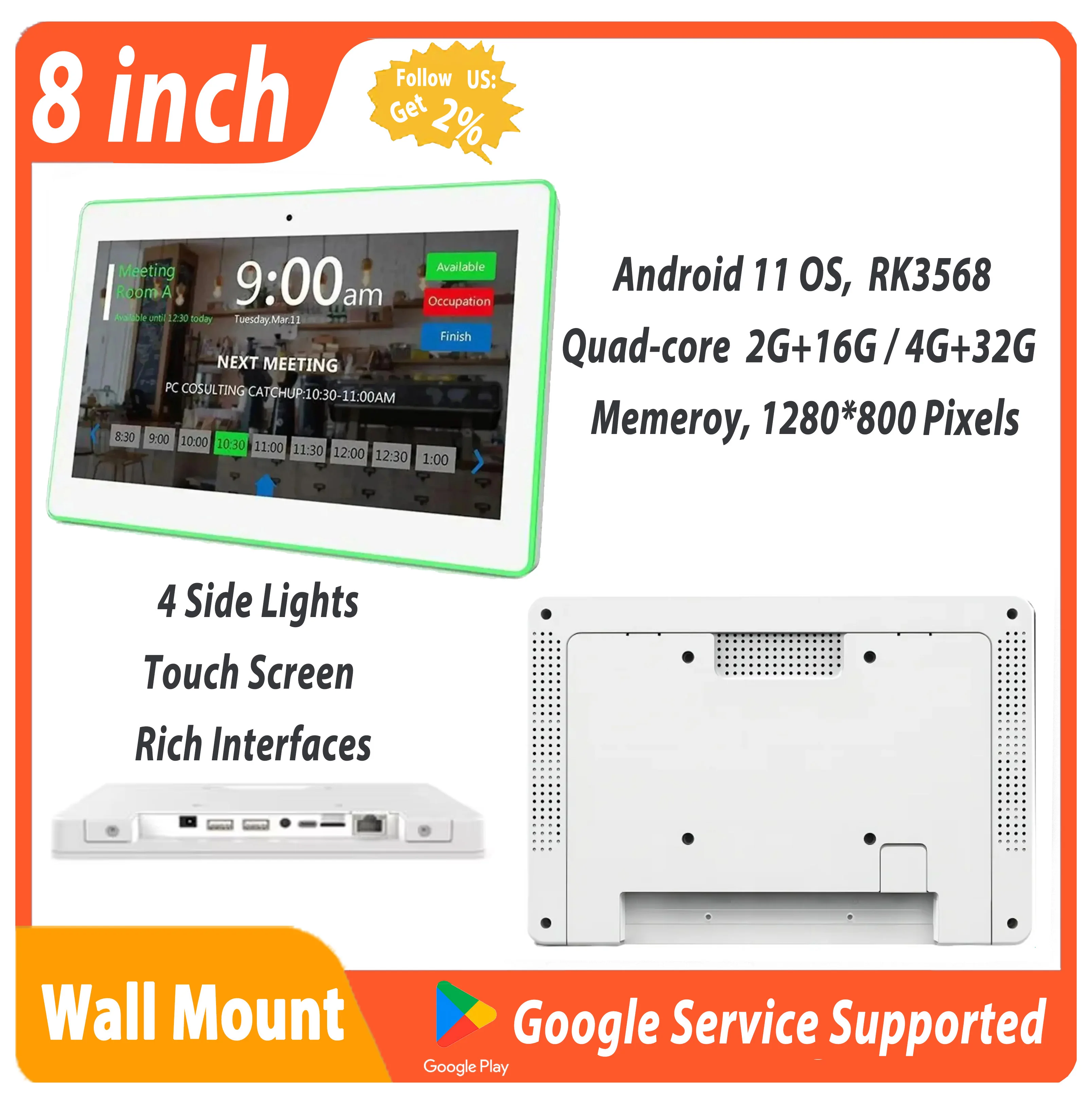 8 Inch Meeting Booking Tablet With 4 LED Light Bars Support POE Power NFC Contactless Card Reader Wall Mount Smart Home Display