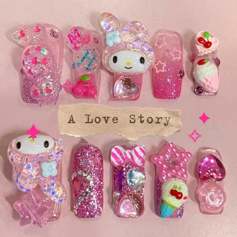 

My Melody Cinnamoroll Animation Cartoon Handmade Nail Art Customized Wearable Nails Y2K Hot Girl Rhinestone Finished Girl