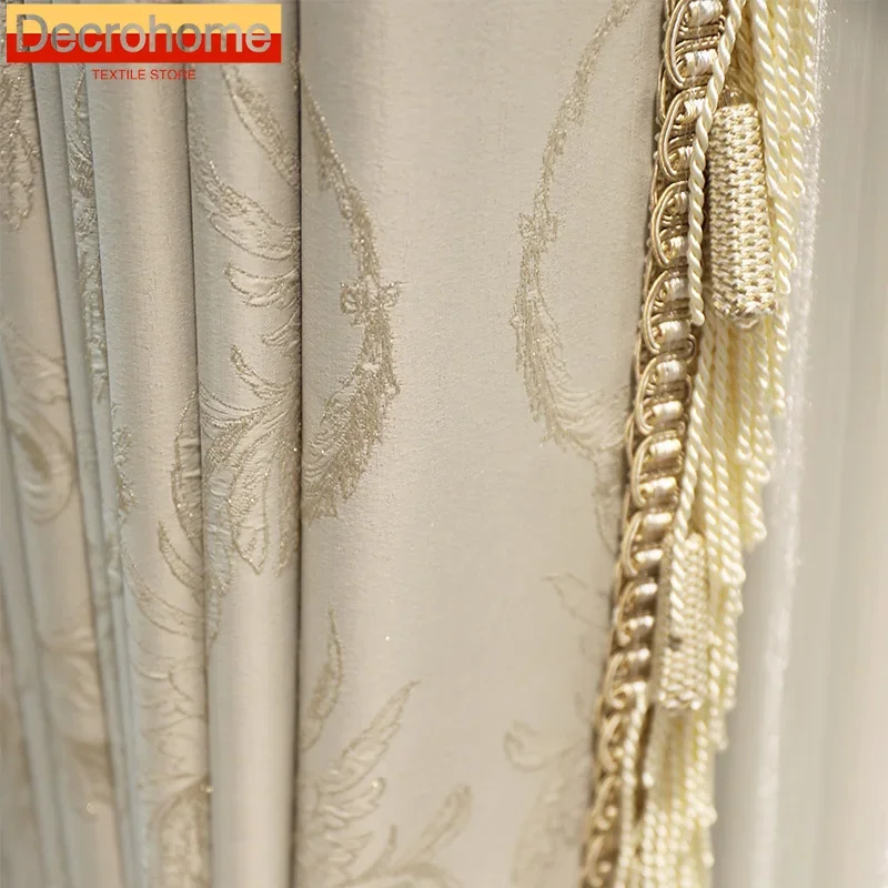 

European Cream Pole Embroidery Jacquard Tassel Curtains for Living Room Bedroom French Window Customized Villa Finished Product