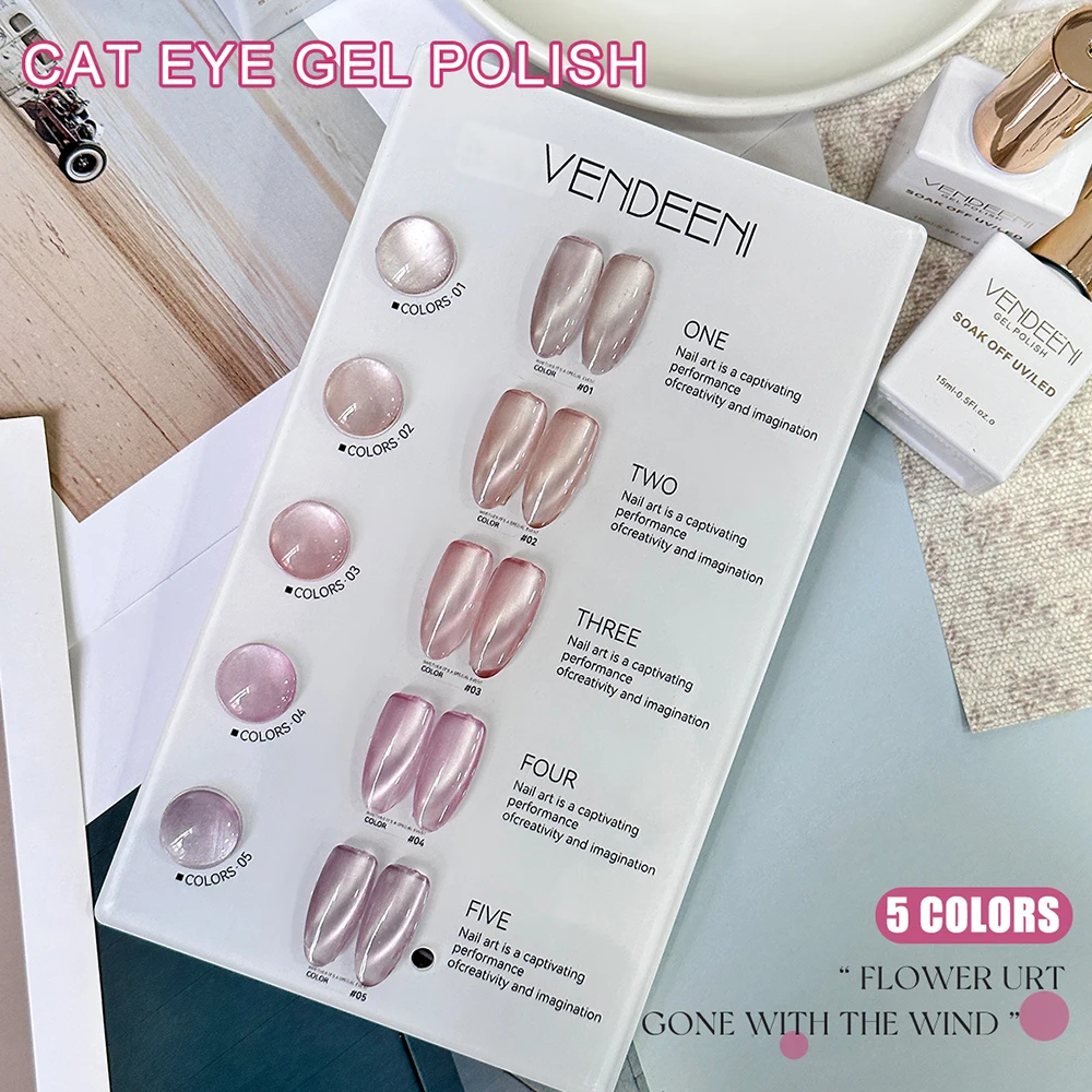 Vendeeni 5 Farben/Set Blush Pink Katzenaugen-Gel-Nagellack Magnetischer UV-LED Soak-Off Gel-Lack Kristall-Katzenaugen-Gel mit Display – Detail 9