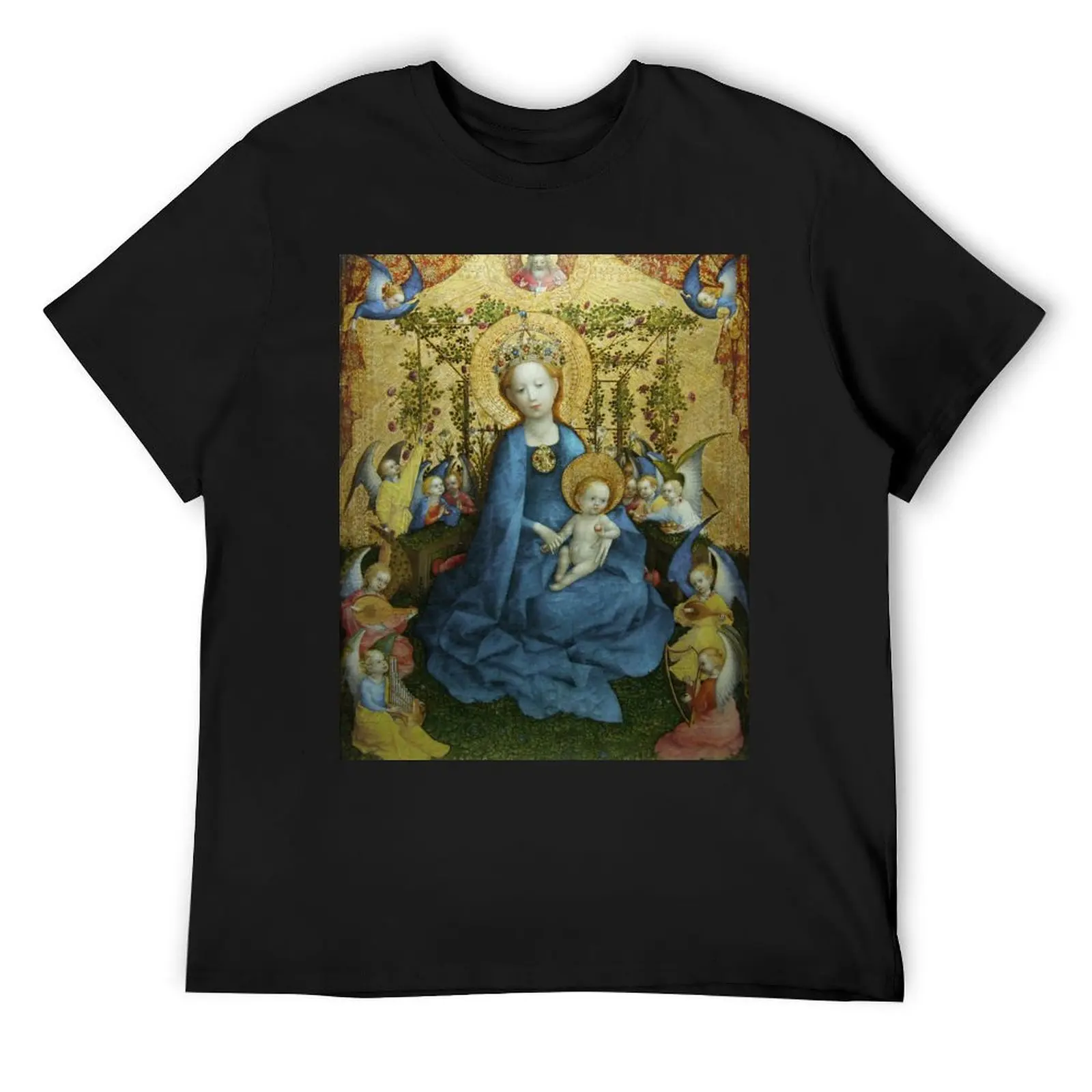 Mother Mary: Madonna in the rose-garden, by Stefan Lochner 1448 T-Shirt custom shirt designer shirts black t shirts for men