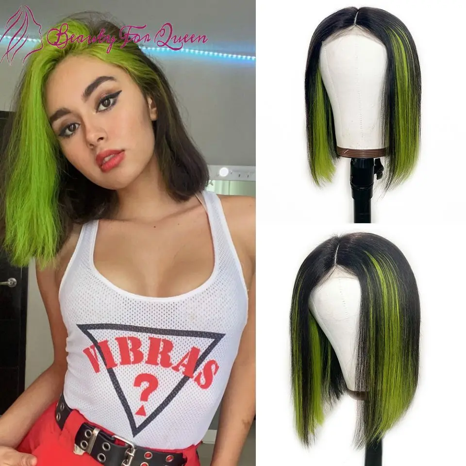 

Красивый парик-боб из бразильских натуральных волос с прямой текстурой, омбре (зеленый-черный), высококачественный, с прозрачной кружевной основой 13x4, для косплея