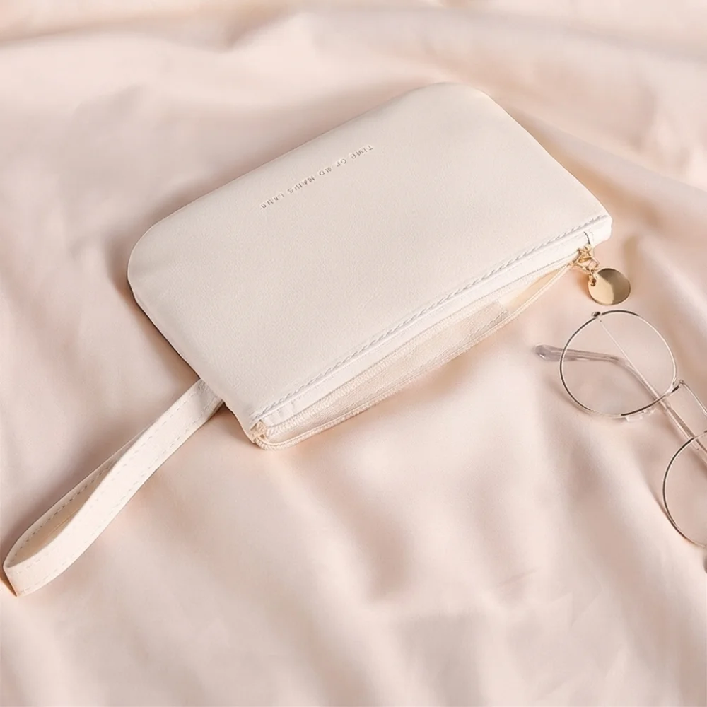 Portable Zipper Card Holder Wallet Ultra-thin Solid Color Storage Bag Multi-purpose PU Leather Makeup Bag Women
