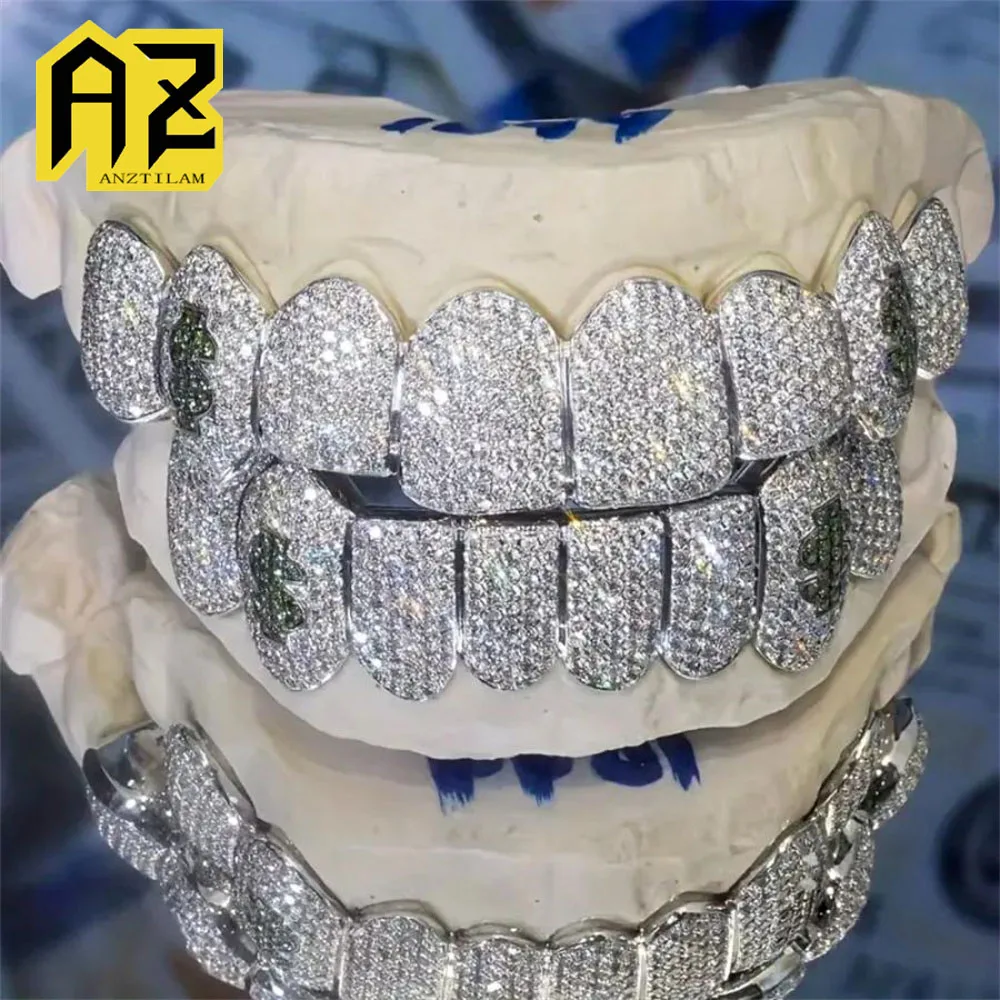 Anztilam Grills Dollars Logo Iced Out Grillz Full Zircon Tooth Shine Grill Men Women Hip Hop Tooth Grills Caps Brass Jewelry
