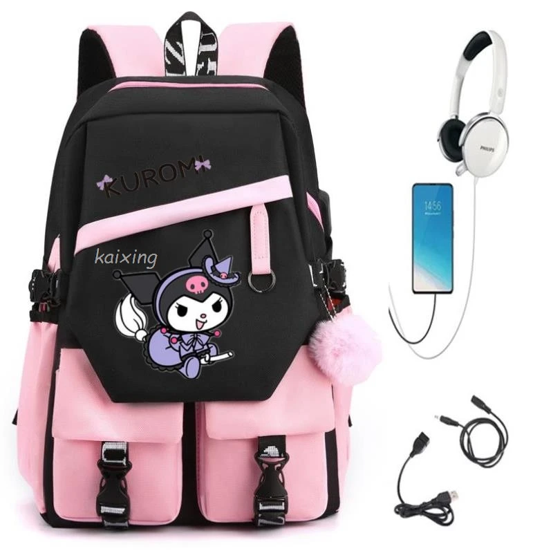 Hot Lovely Kuromi Melody Girls Boys Kids Usb Backpacks Cartoon School Book Bags Teenager Canvas Laptop Rucksack For Men Women