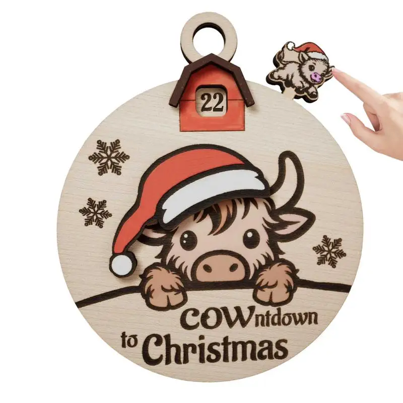 Countdown To Christmas Sliding Ornament Highland Cow Christmas Clock Sign Wooden Days Till Christmas Countdown 3D Countdown