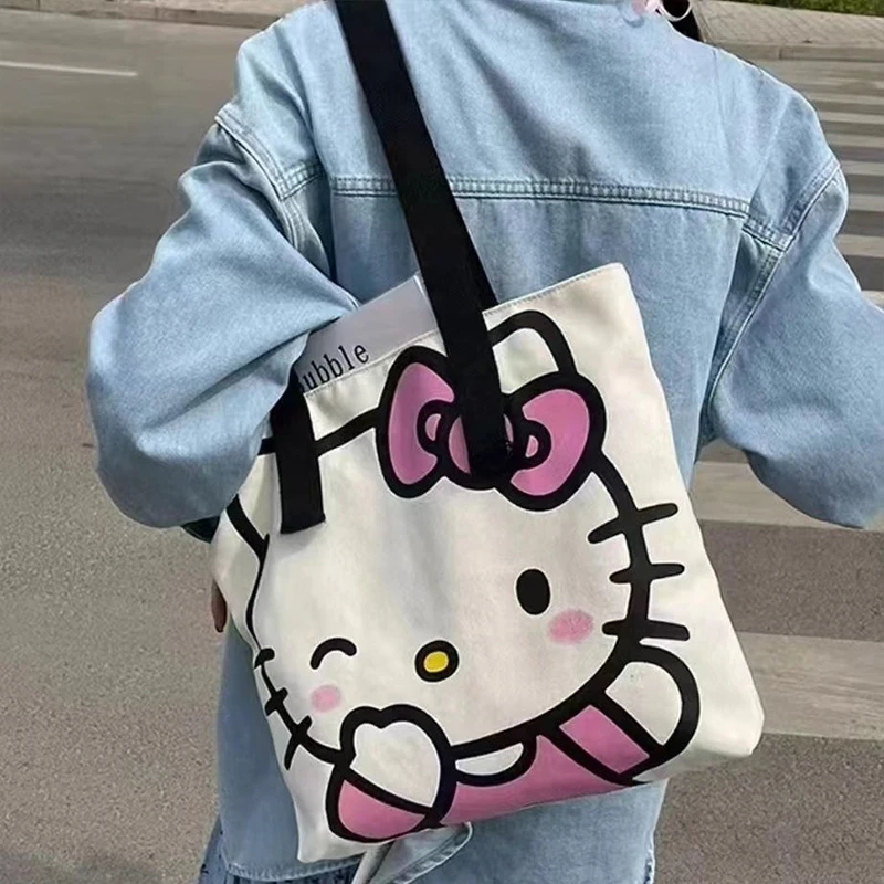 Kawaii Hello Kitty Canvas Bag Anime Sanrio Cute Student Outdoor Cosmetics Cartoon Handbag Book Storage Bag Toys Girls Gifts