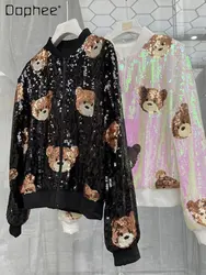 Tide Brand Women's Clothing Cartoon Bear Sequined Long Sleeve Loose Baseball Collar Zipper Coat Women's 2023 Spring New Jacket